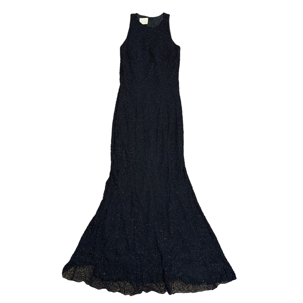 Vintage Cache Black Beaded‎ Silk Evening Gown Mermaid Formal Dress M